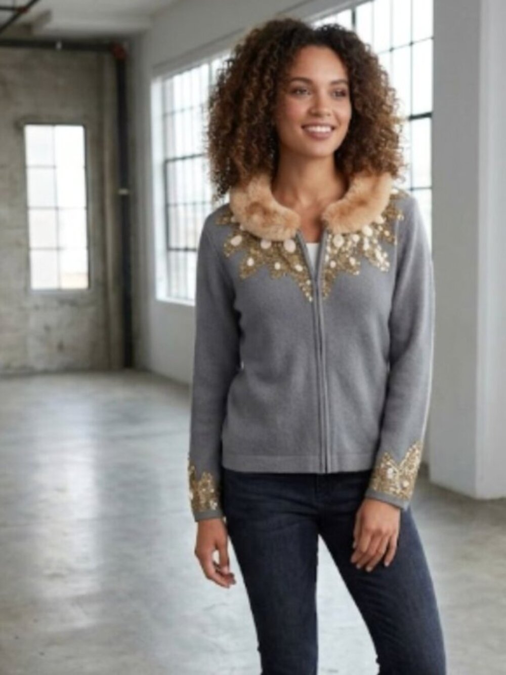 Pop Population Faux Fur Sequin Green Sweater Zip Medium‎